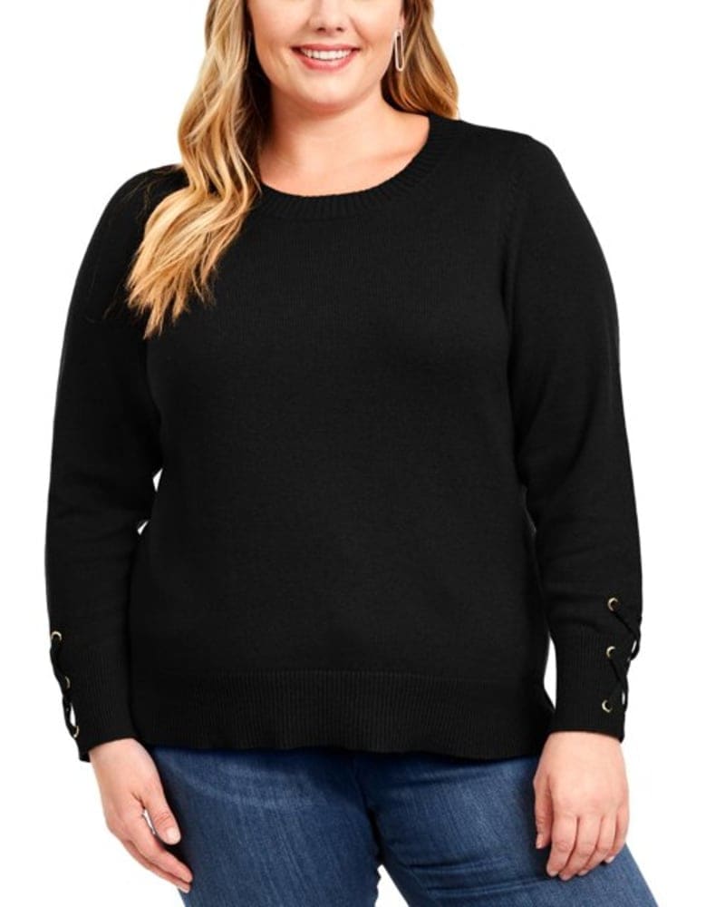 Front of a model wearing a size 3X Michael Kors Women's Plus Size Tie Sleeve Sweater Black Size 3X in Black by Michael Kors. | dia_product_style_image_id:314532